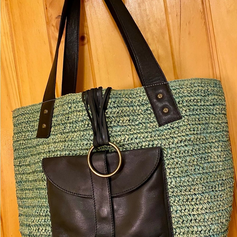Free People New Stylish Green and Black Woven Tote Bag